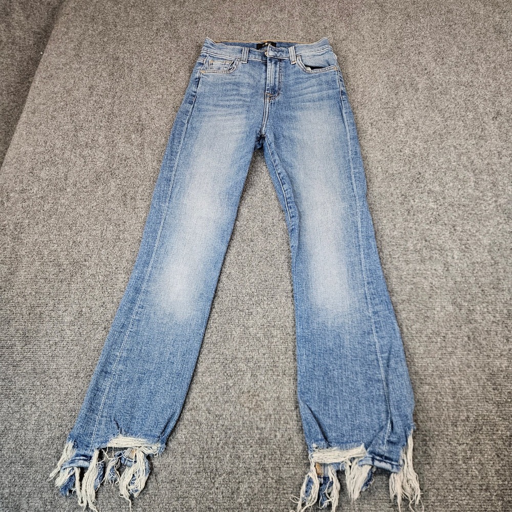 7 For All Mankind High Waist Slim Kick Jeans Light Wash Frayed Step Hem 24
